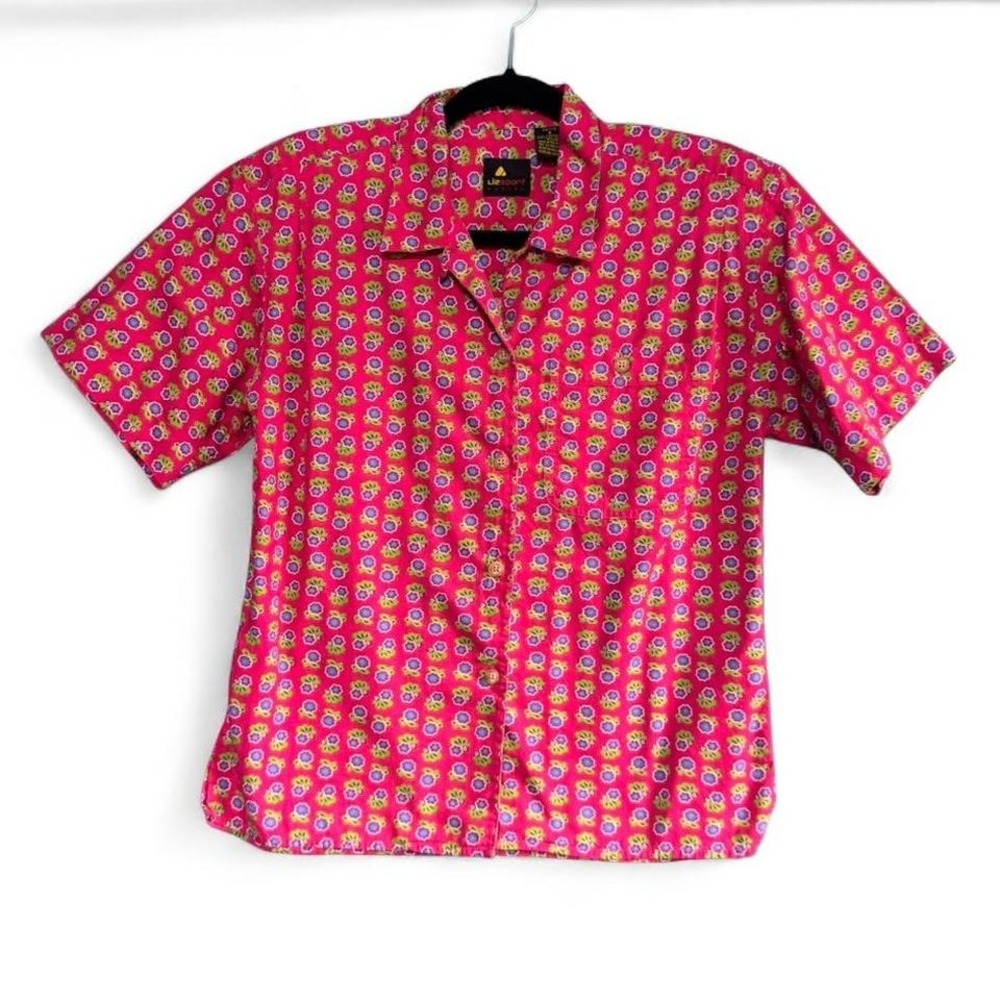 Vintage 90s‎ Blouse Women's Size Petite Small LizSport Pink Floral Purple Retro